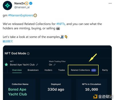 Nansen推出查看“相关藏品”功能，用户可查看某一系列NFT持有者持有的其他NFT - 屯币呀