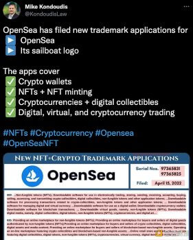 OpenSea已提交NFT及加密货币相关商标申请 - 屯币呀