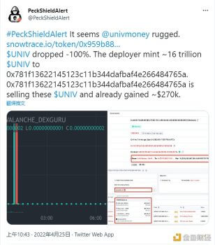 PeckShield:Avalanche上元宇宙项目Universe发生Rug Pull - 屯币呀